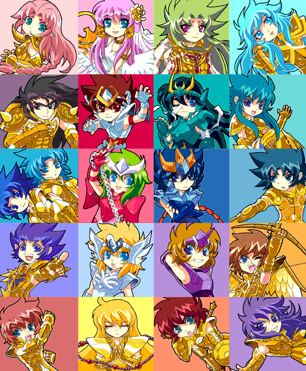 aquarius_camus, aries_mu, aries_shion, armor, athena_(saint_seiya), bow_and_arrow, cancer_deathmask, capricorn_shura