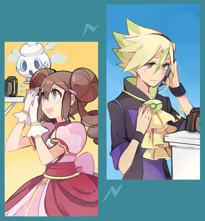 1boy, 1girl, :d, adjusting_hair, bangs, black_wristband, blonde_hair, blue_eyes