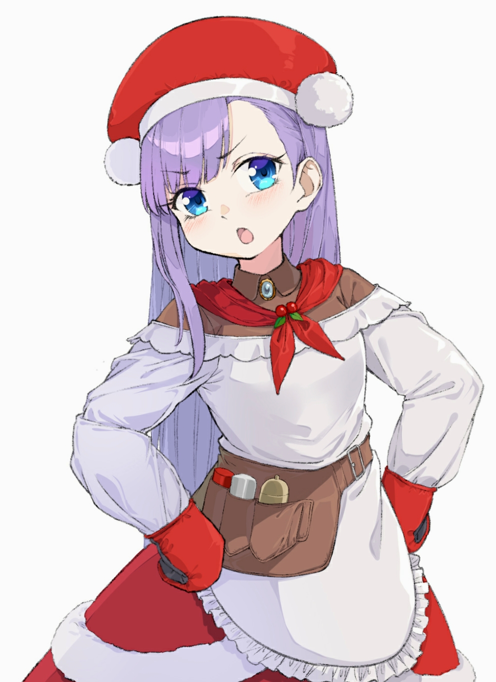 1girl, apron, bangs, belt, blue_eyes, blush, breasts, brown_shirt, coffeekite, cosplay, dress, fate/extra, fate/extra_ccc, fate/grand_order, fate_(series), fur-trimmed_dress, fur_trim, hat, highres, jewelry, long_hair, long_sleeves, looking_at_viewer, martha_(fate), martha_(santa)_(fate), martha_(santa)_(fate)_(cosplay), meltryllis_(fate), mittens, open_mouth, purple_hair, red_dress, red_headwear, red_scarf, santa_hat, scarf, shirt, small_breasts, solo, white_apron