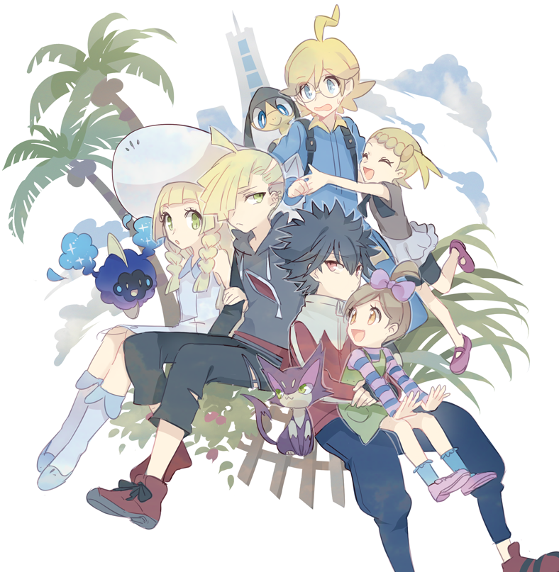 3boys, 3girls, ahoge, arm_grab, bangs, bike_shorts, black_hair, blonde_hair