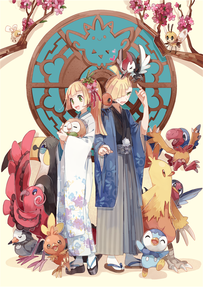 1boy, 1girl, animal_focus, archen, bird, blonde_hair, branch, brother_and_sister