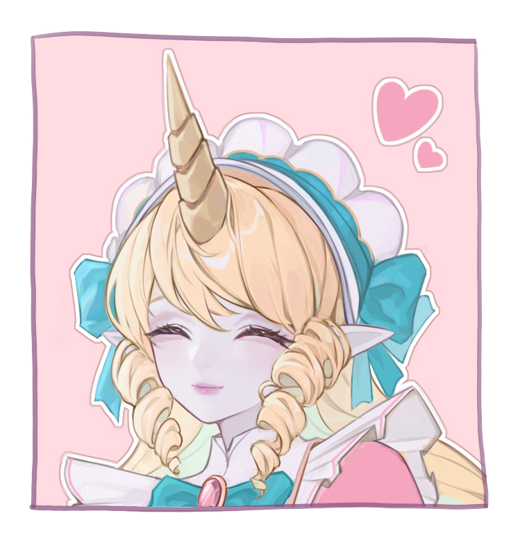 1girl, bangs, blonde_hair, border, bow, bowtie, cafe_cuties_soraka, closed_eyes