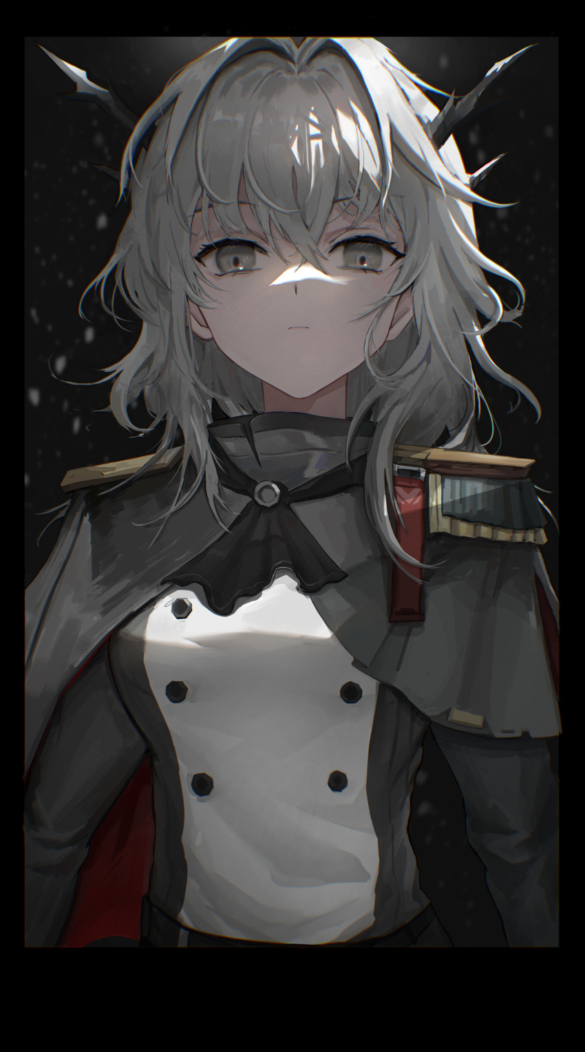 1girl, absurdres, arknights, ascot, bangs, black_ascot, black_background, black_border, border, capelet, closed_mouth, dragon_horns, epaulettes, eyebrows_visible_through_hair, grey_capelet, grey_eyes, highres, horns, long_hair, long_sleeves, looking_at_viewer, military, military_uniform, silver_hair, simple_background, snowing, solo, talulah_(arknights), talulah_the_fighter_(arknights), uniform, upper_body, zhengyi_de_laoban_er