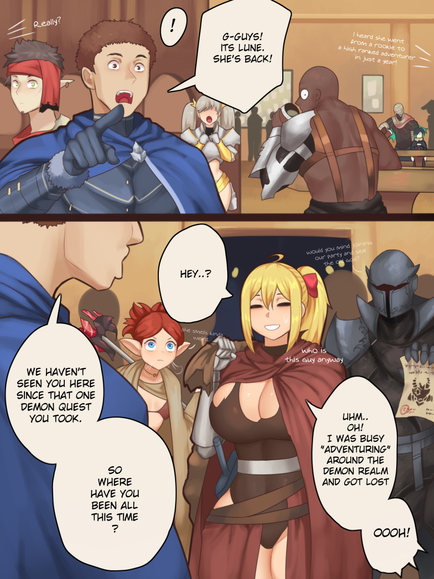 absurdres, armor, bandaged_head, bandages, bikini_armor, black_hair, blonde_hair, blood, blood_stain, chikaretsu, english_text, full_armor, gloves, green_hair, heavy_breathing, helmet, highres, leather, leotard, long_hair, metal, multiple_boys, multiple_girls, necromancer, original, sack, shoulder_armor, sword, tavern, torn_clothes, twintails, weapon