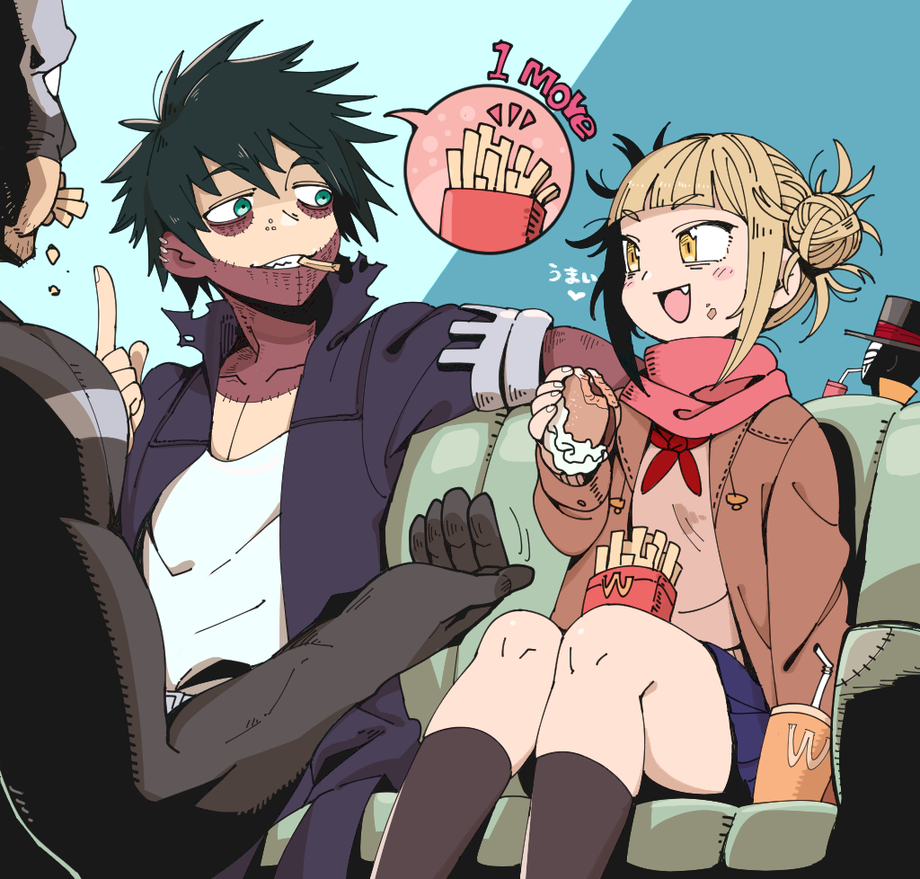 1girl, 3boys, :d, bags_under_eyes, bangs, black_bodysuit, black_hair, blonde_hair