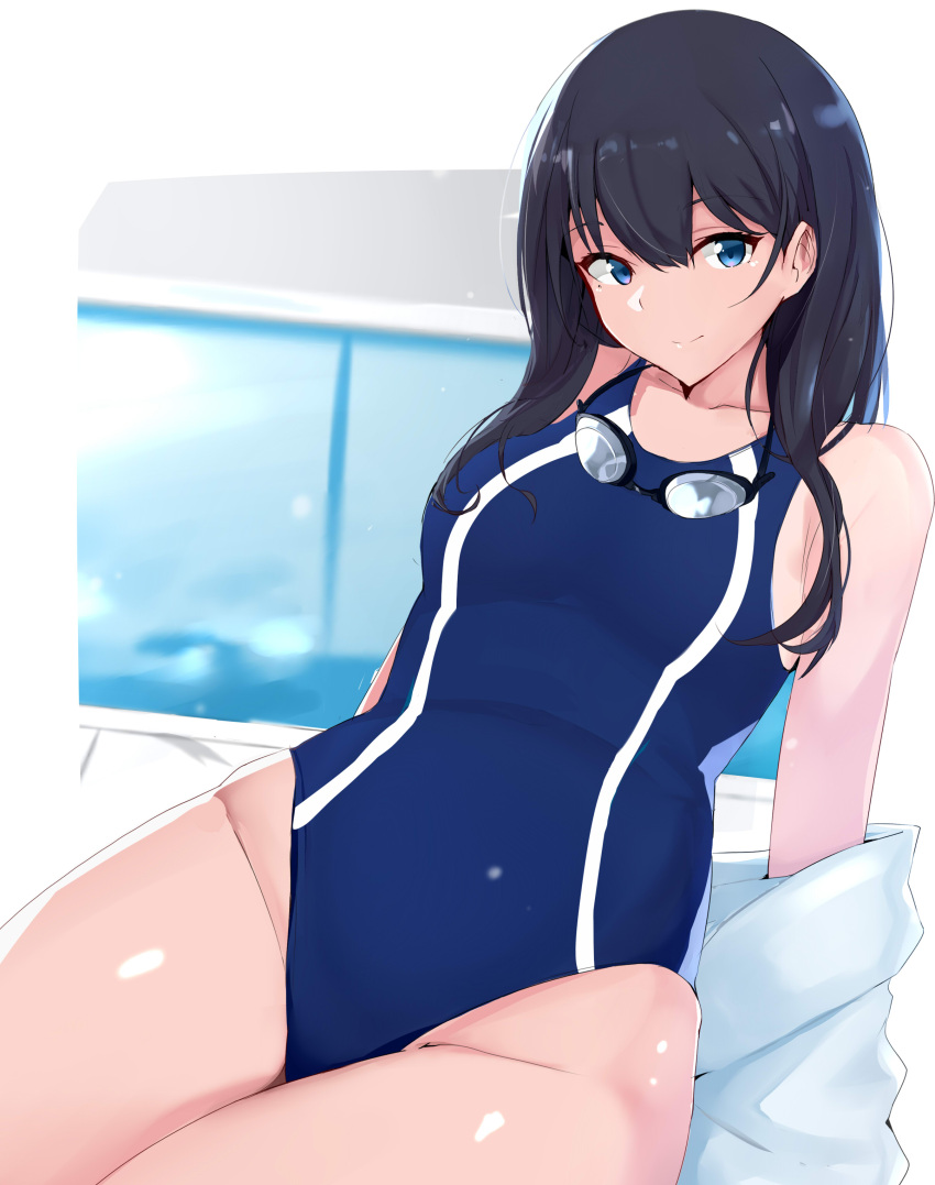 1girl, absurdres, bangs, black_hair, blue_eyes, blue_swimsuit, breasts, competition_swimsuit