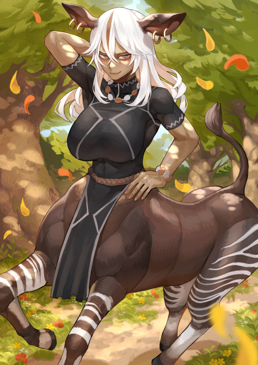 1girl, absurdres, animal_ears, arm_behind_head, arm_up, bangs, black_shirt, blue_sky