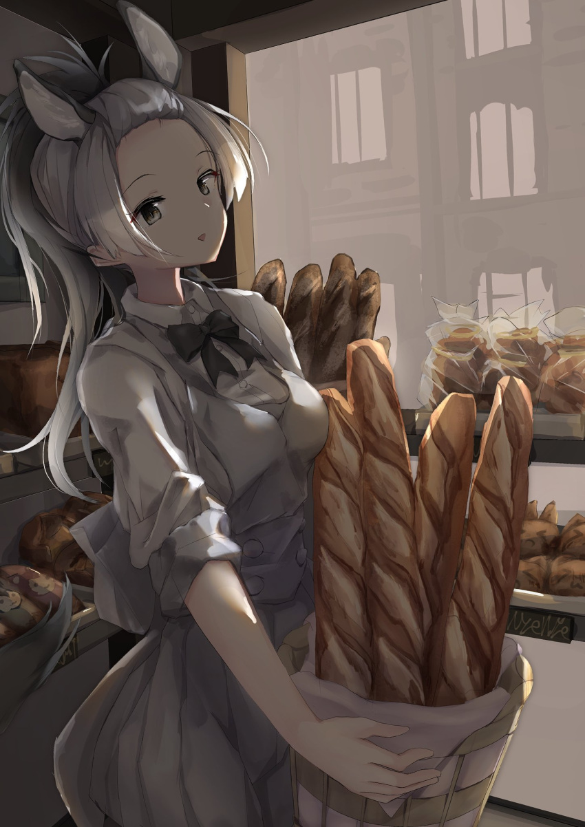 1girl, baguette, bakery, black_bow, black_bowtie, bow, bowtie, bread