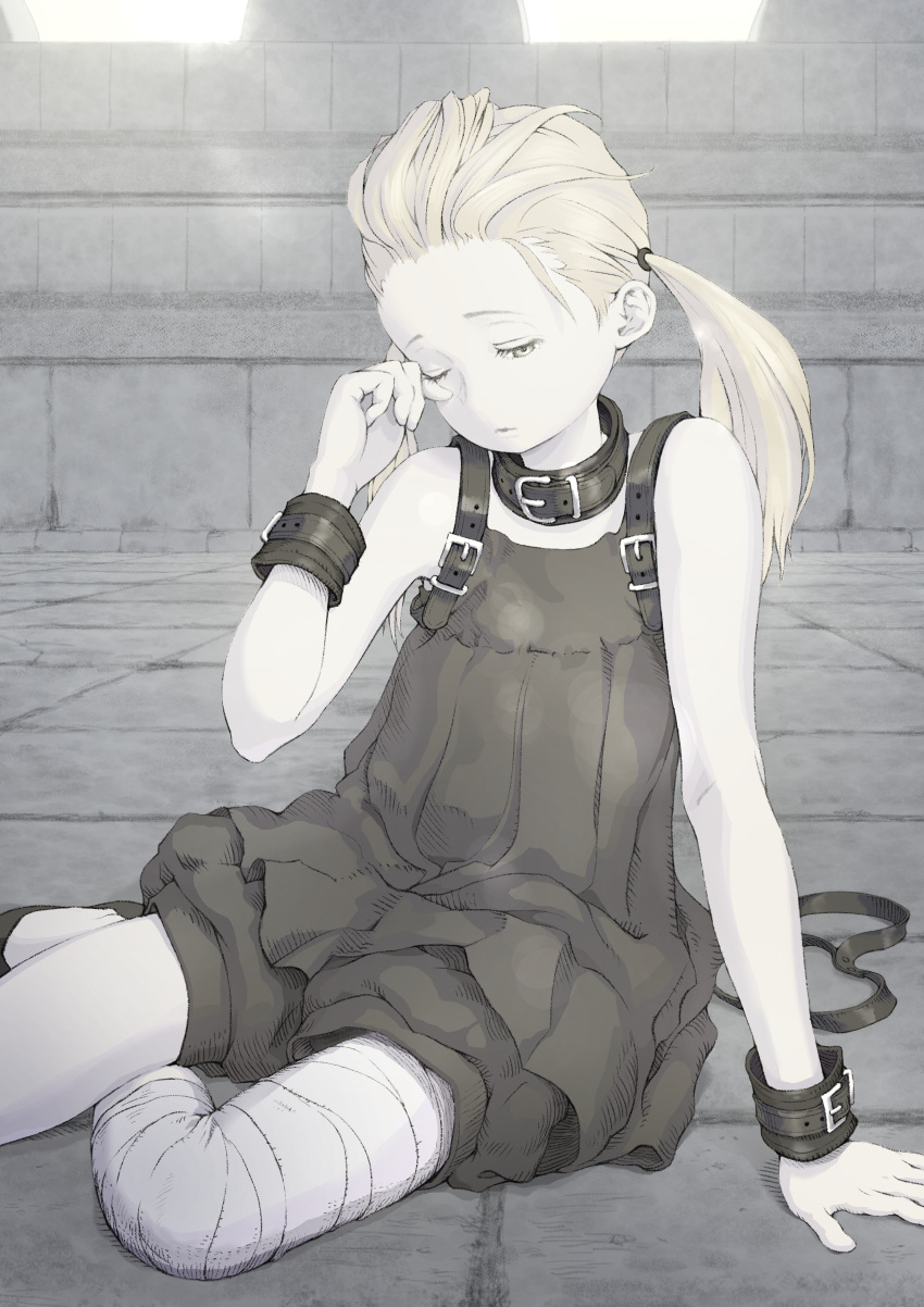 1girl, absurdres, bandaged_leg, bandages, bangs_pinned_back, bare_shoulders, black_collar, black_dress