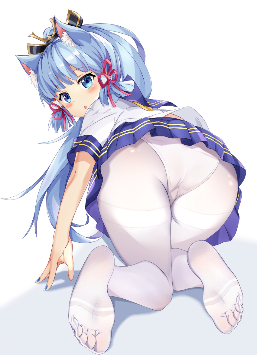 1girl, absurdres, all_fours, animal_ears, ass, bangs, blue_eyes, blue_hair, blunt_bangs, cat_ears, genshin_impact, hair_ornament, highres, kamisato_ayaka, looking_at_viewer, looking_back, nail_polish, no_shoes, panties, pantyhose, ponytail, sailor_collar, school_uniform, serafuku, short_sleeves, sidelocks, skirt, soles, underwear, white_legwear, white_panties, yuki_kokoro