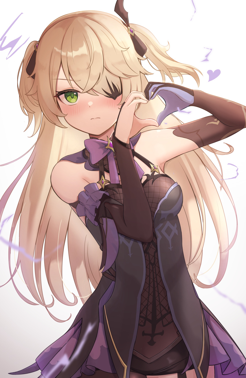 1girl, absurdres, bare_shoulders, blonde_hair, blush, bodysuit, bow, dress