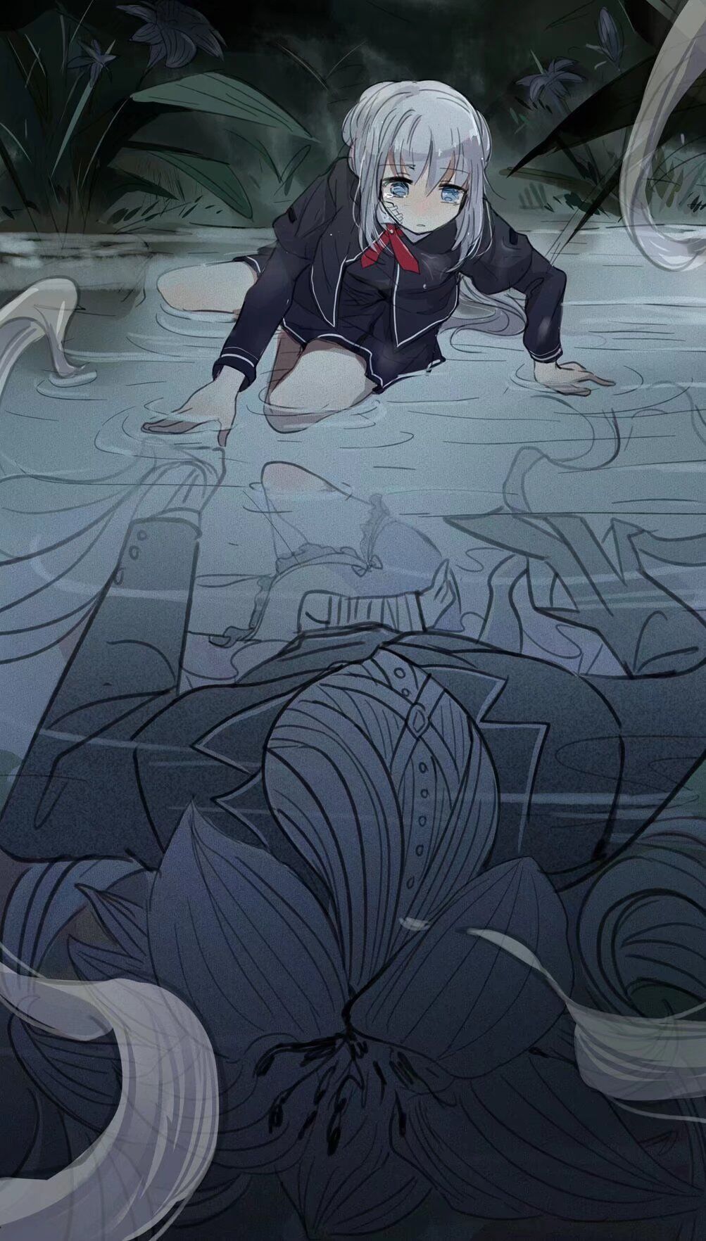 1girl, bandaid, bandaid_on_face, blue_eyes, crawling, different_reflection, doppel_(madoka_magica), flower