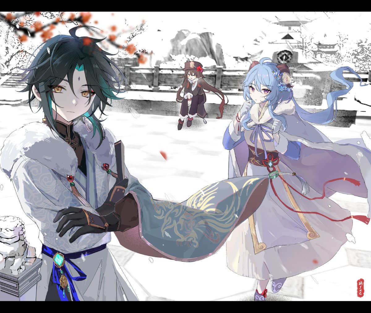 1boy, 2girls, :p, ahoge, bangs, black_coat, black_footwear, black_gloves, black_hair, black_pants, black_sash, blue_footwear, blue_gloves, blue_hair, blue_ribbon, boots, bracelet, brown_hair, chinese_knot, closed_mouth, coat, commentary, crossed_arms, dress, expressionless, facial_mark, flower, forehead_mark, ganyu_(genshin_impact), genshin_impact, gloves, green_hair, hair_flower, hair_ornament, horns, hu_tao_(genshin_impact), jewelry, letterboxed, long_hair, long_sleeves, looking_at_viewer, multicolored_hair, multiple_girls, one_eye_closed, pants, ribbon, sash, shemika98425261, shoes, short_hair, sidelocks, sitting, smile, snow, streaked_hair, tongue, tongue_out, twintails, very_long_hair, violet_eyes, vision_(genshin_impact), white_coat, white_dress, wide_sleeves, winter, wrist_guards, xiao_(genshin_impact), yellow_eyes