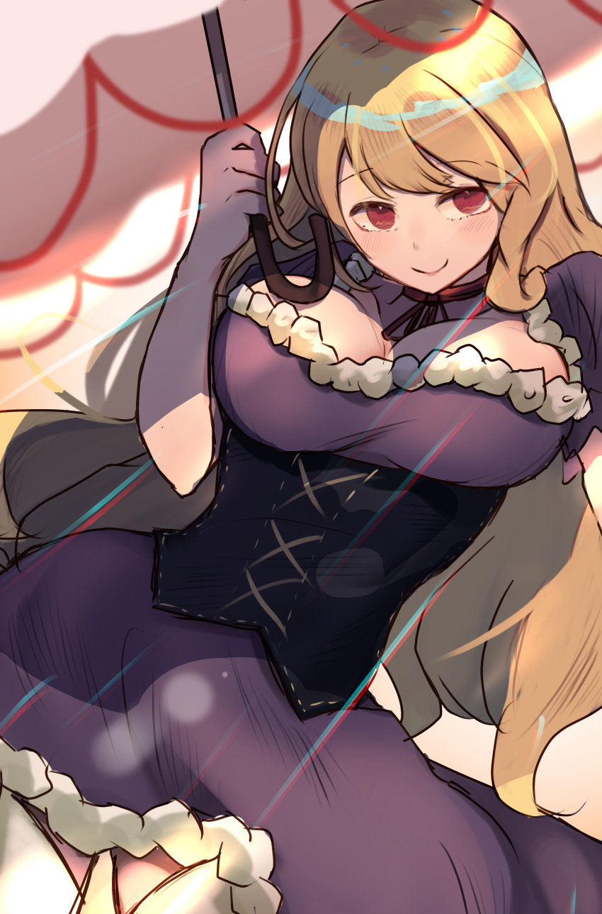 1girl, absurdres, black_corset, blonde_hair, blurry, blurry_background, breasts, closed_mouth