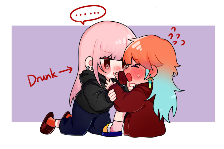 2girls, blush, chibi, drunk, ear_piercing, earrings, feather_earrings, feathers