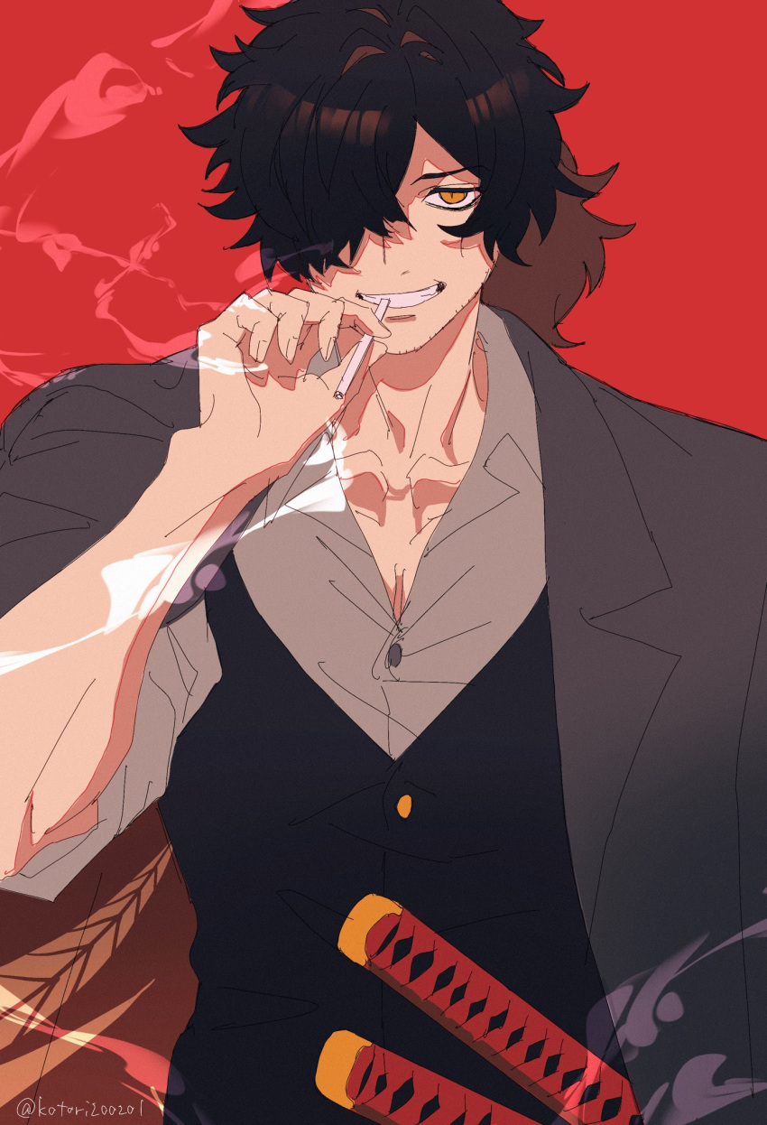 1boy, alternate_costume, bangs, black_hair, cigarette, facial_hair, fate/grand_order, fate_(series), hair_over_one_eye, heroic_spirit_festival_outfit, highres, holding, katana, kotori200201, long_hair, looking_at_viewer, male_focus, okada_izou_(fate), open_mouth, ponytail, smile, smoking, solo, sword, weapon, yellow_eyes