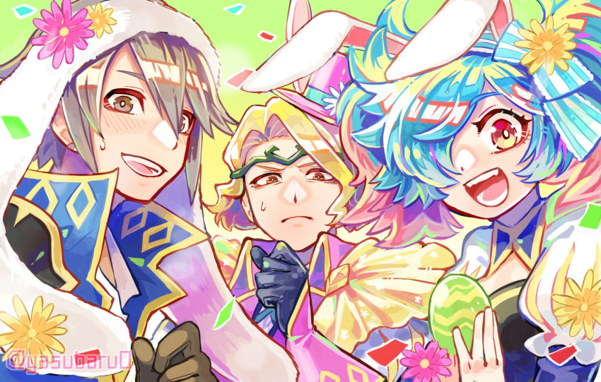 1girl, 2boys, animal_ears, blonde_hair, blue_hair, fire_emblem, fire_emblem_fates, fire_emblem_heroes