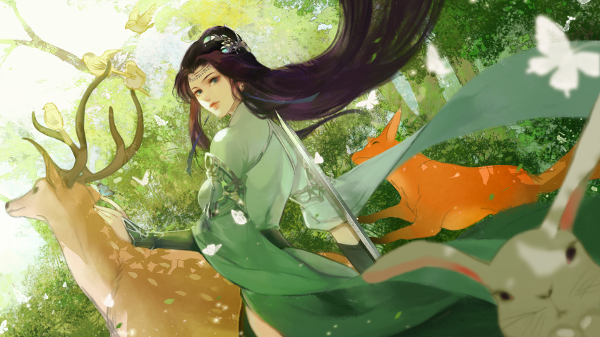 1girl, absurdres, bird, black_hair, deer, dress, forest, green_dress