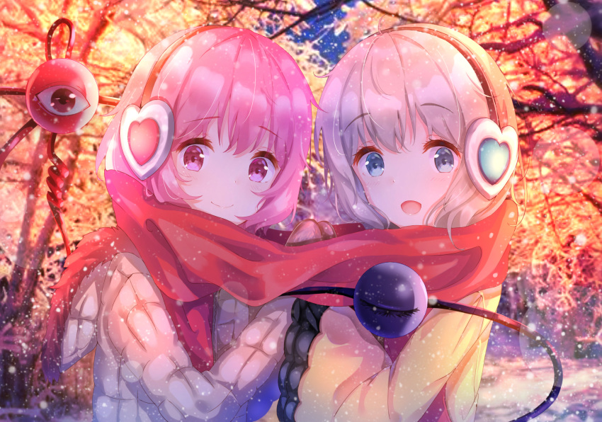 2girls, :d, bare_tree, blouse, blue_eyes, blurry, blurry_background, closed_mouth