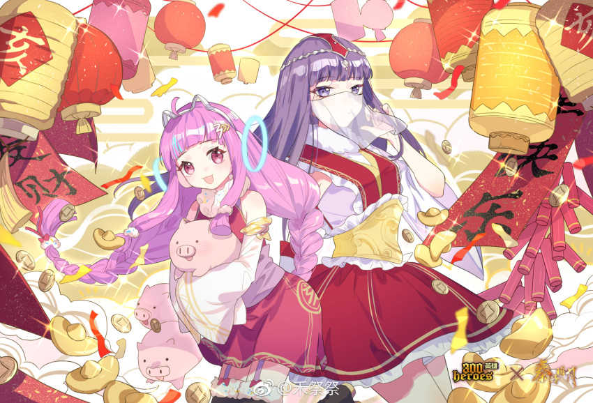 2girls, coin, dress, gold, highres, lantern, multiple_girls, pig