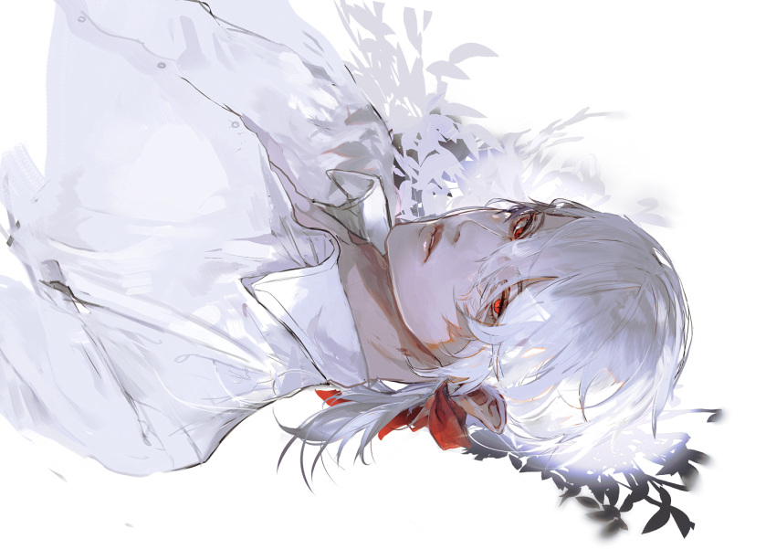 1boy, bangs, chikage_(chi_g0), collared_shirt, dress_shirt, hair_between_eyes, hair_ribbon, lips