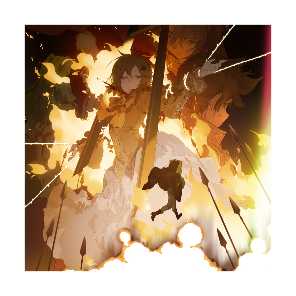 aku_no_meshitsukai_(vocaloid), aku_no_musume_(vocaloid), allen_avadonia, blonde_hair, blood, blood_spray, bound, bound_wrists