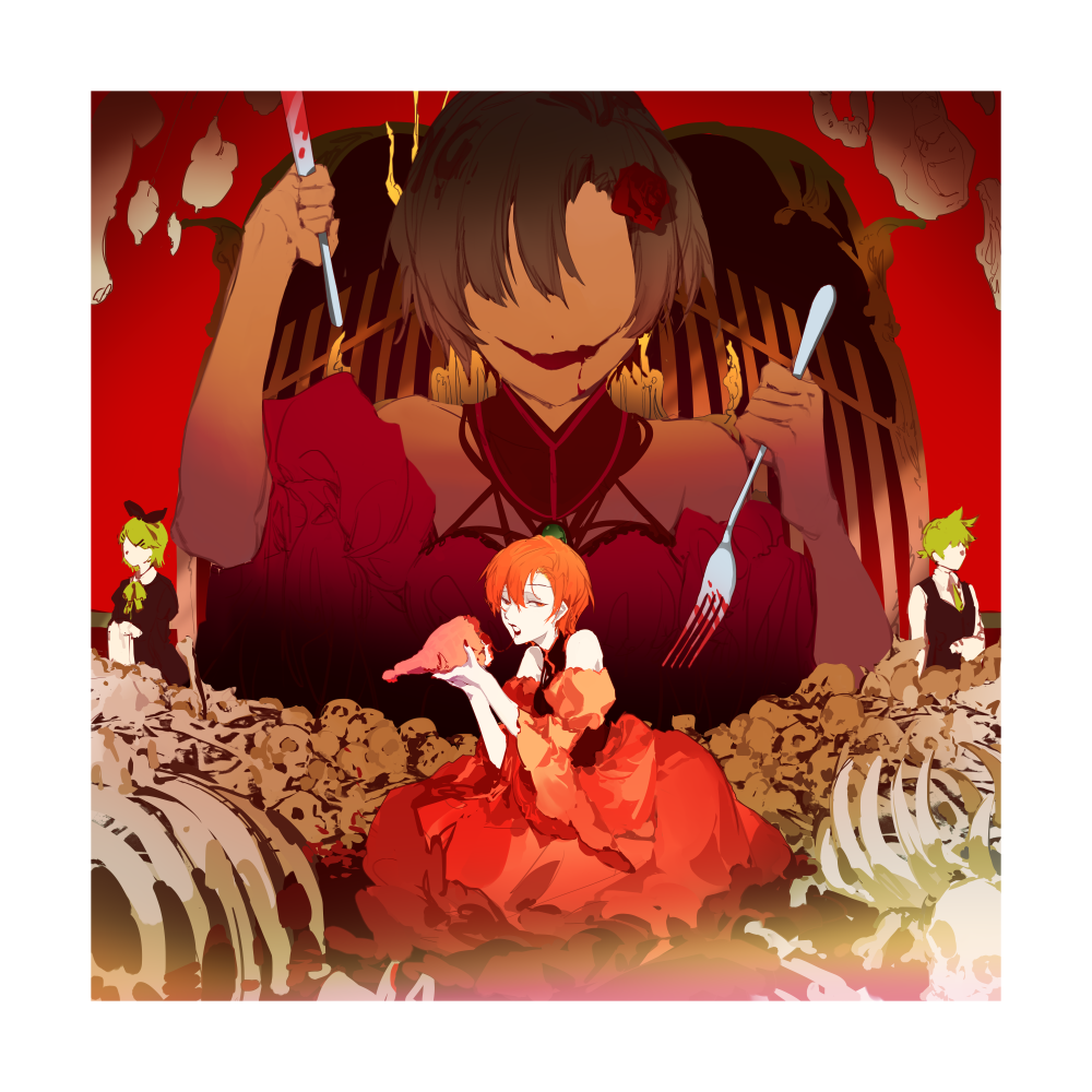 akujiki_musume_conchita_(vocaloid), arte_(evillious_nendaiki), banica_conchita, bare_shoulders, black_dress, black_jacket, blood, blood_in_mouth, blood_on_fork, blood_on_knife, blood_trail, choker, cutlery, detached_sleeves, dress, evillious_nendaiki, flower, food, fork, glasgow_smile, hair_flower, hair_ornament, hanging_food, holding, holding_fork, holding_knife, jacket, kagamine_len, kagamine_rin, kneehighs, knife, looking_at_viewer, looking_to_the_side, meat, meiko, necktie, pale_skin, pollo_(evillious_nendaiki), red_dress, red_flower, red_rose, ribs, rose, servant, skeleton, skull, sleeveless, sleeveless_jacket, sleeves_rolled_up, spencer_sais, throne, vocaloid, wide_sleeves, yellow_neckwear
