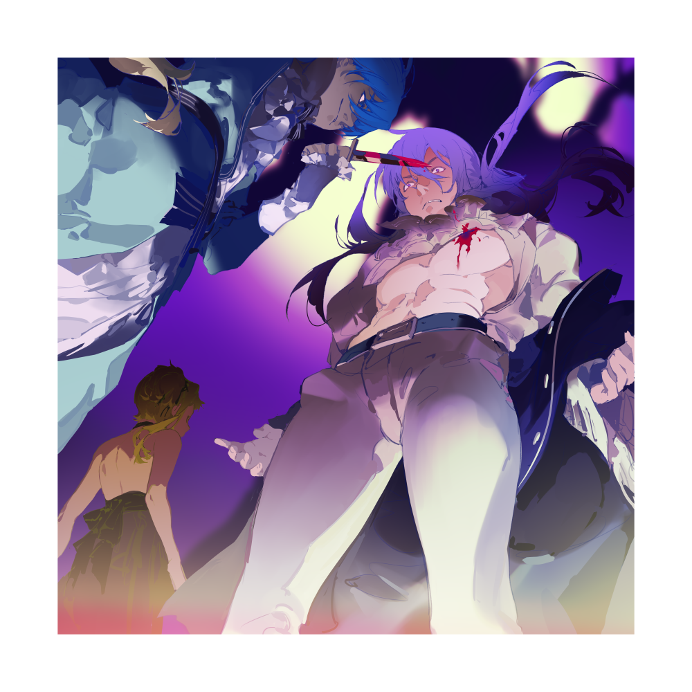 2boys, abs, bare_back, bare_chest, blood, blood_on_weapon, bloom, blue_dress