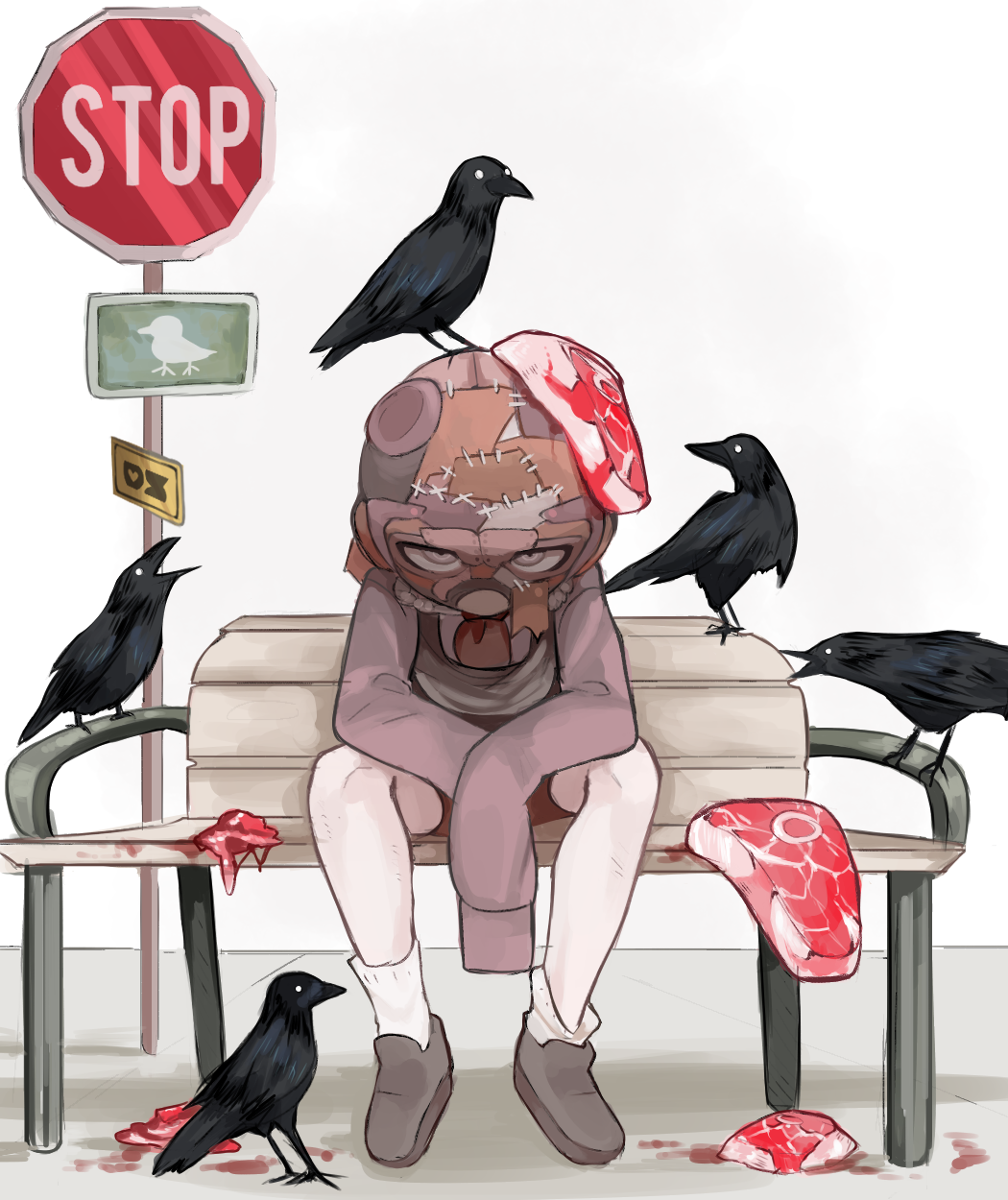 1boy, bench, bird, crow, danganronpa_(series), danganronpa_another_episode:_ultra_despair_girls, despair_sauce, food