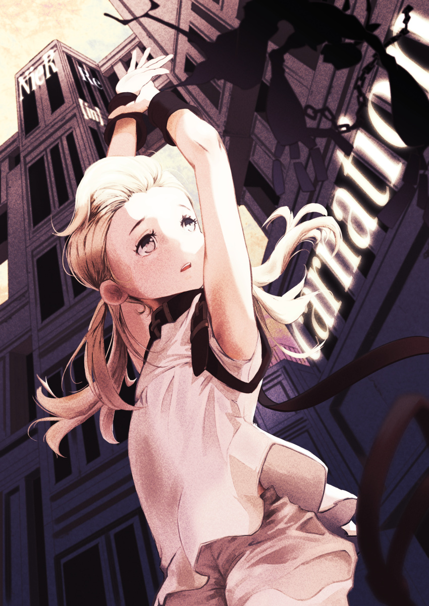 1girl, absurdres, bangs_pinned_back, bare_shoulders, black_collar, black_monster_(nier), bloomers, collar, cuffs, dr._no, dress, fio_(nier), highres, long_hair, nier_(series), nier_reincarnation, open_mouth, sleeveless, sleeveless_dress, twintails, underwear, white_dress