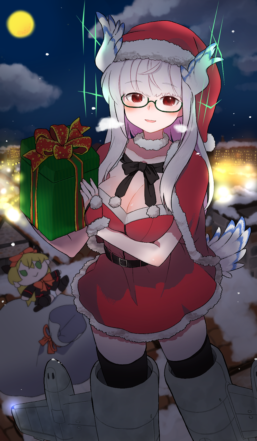 1girl, animal_ears, bangs, bird_ears, bird_tail, black-framed_eyewear, black_legwear, clouds