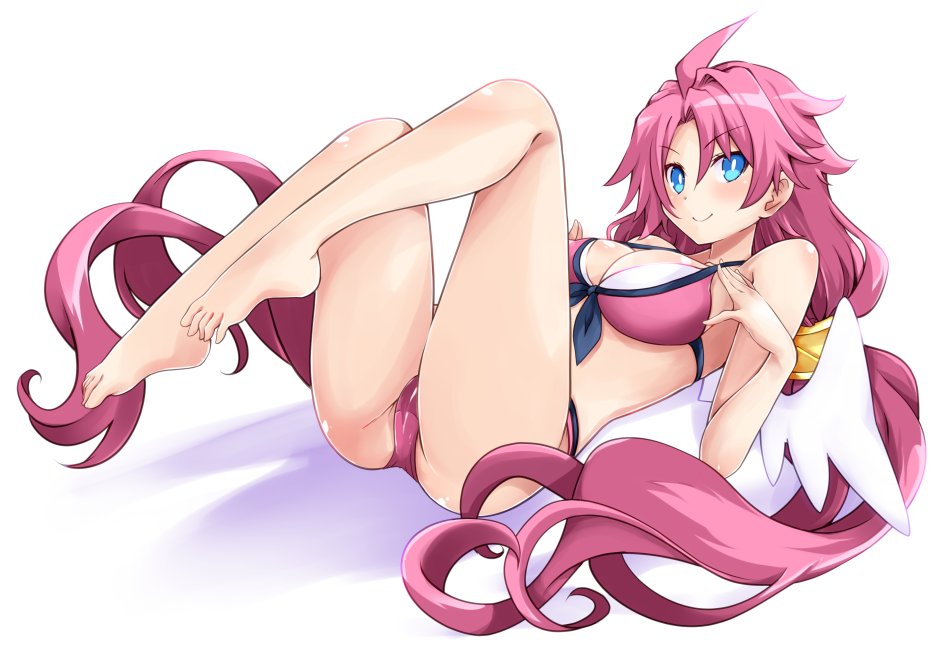 1girl, angel_wings, artina_(disgaea), ass, bare_arms, bare_legs, bare_shoulders, barefoot