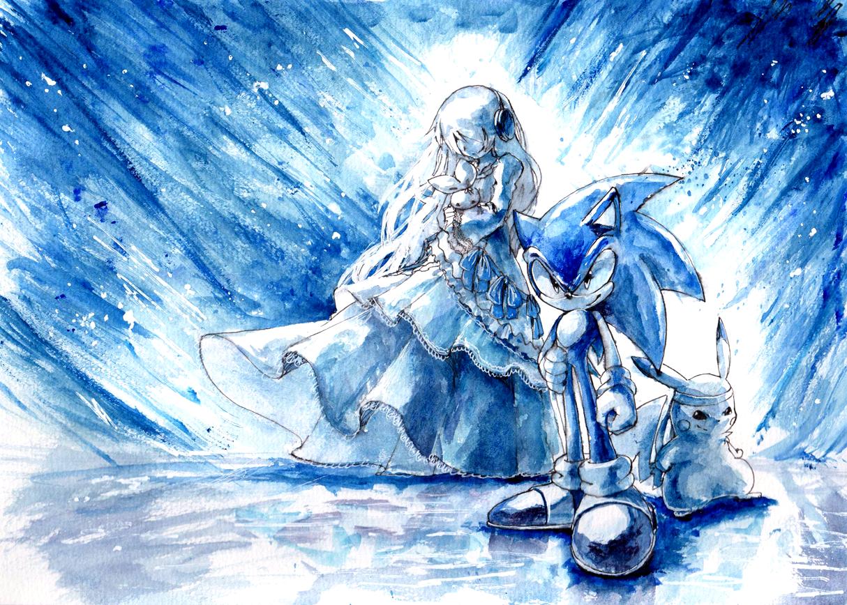 1boy, 1girl, blue_theme, crossover, dress, full_body, gloves, headband