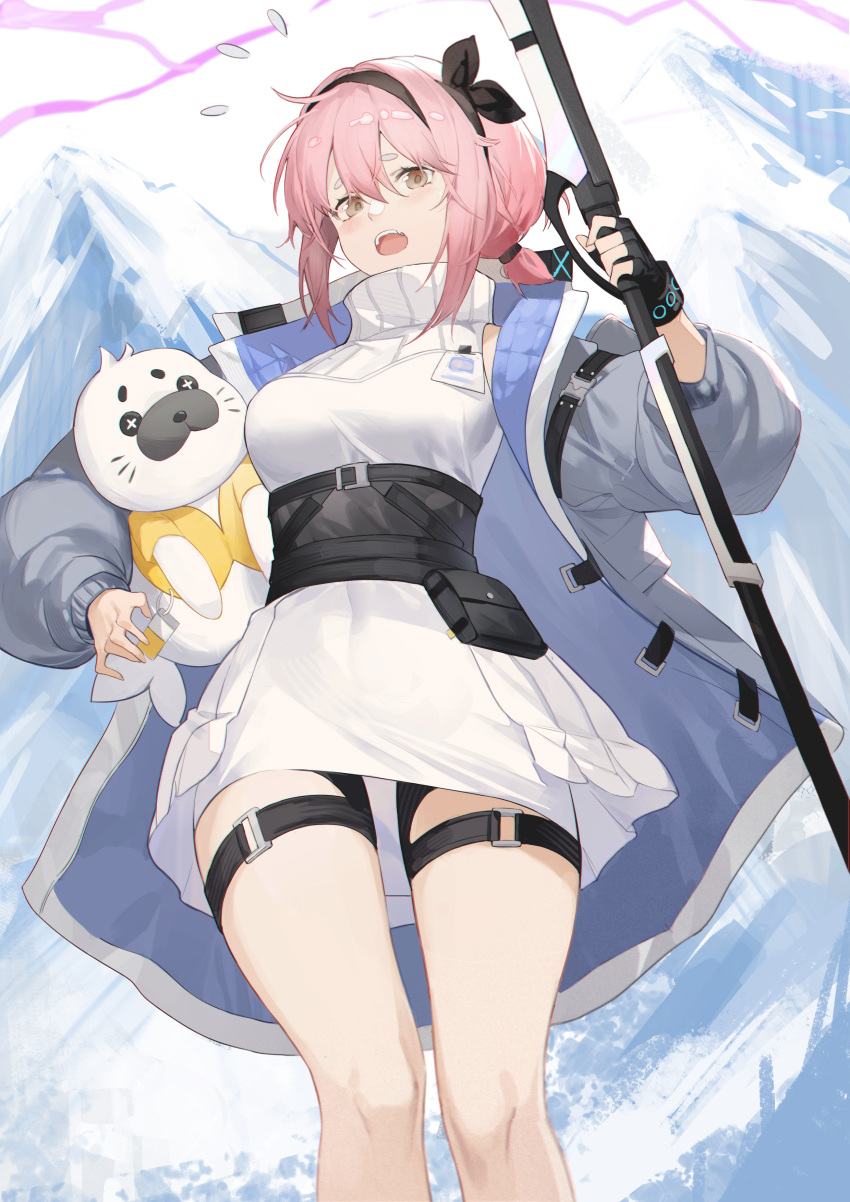 1girl, absurdres, arknights, black_gloves, black_hairband, breasts, brown_eyes, carrying