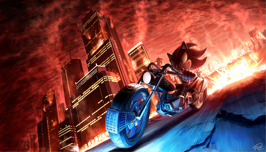 1boy, city, closed_mouth, explosion, fire, gloves, ground_vehicle, highres