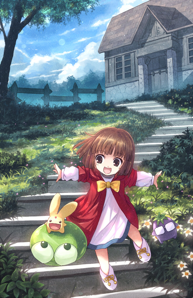 :d, arle_nadja, brown_eyes, brown_hair, building, carbuncle, child, cloud
