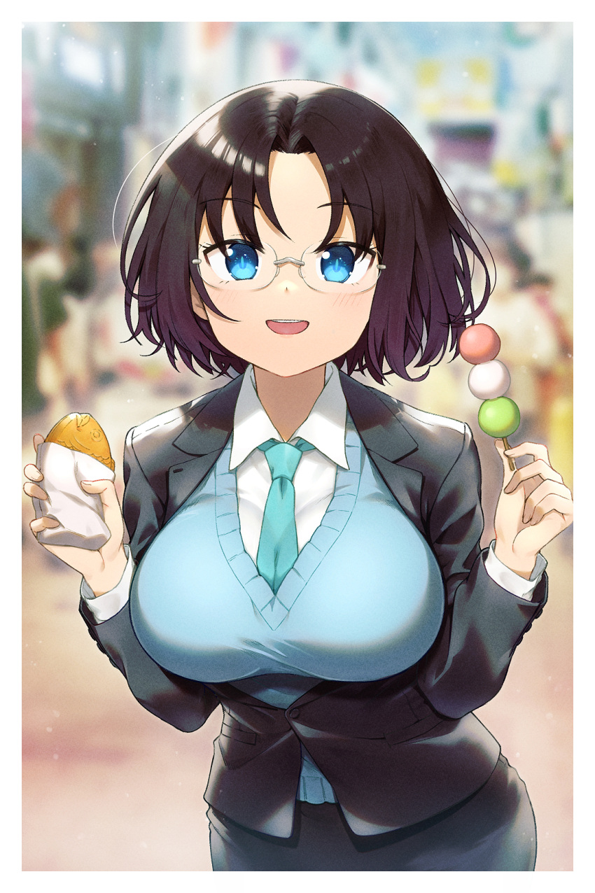 1girl, aqua_necktie, aqua_sweater_vest, bangs, black_hair, black_jacket, blue_eyes, blurry, blurry_background, collared_shirt, dango, dragon_girl, elma_(maidragon), food, food_request, glasses, hands_up, highres, holding, holding_food, jacket, kobayashi-san_chi_no_maidragon, long_sleeves, looking_at_viewer, mj_nameraka, necktie, open_mouth, sanshoku_dango, shirt, short_hair, smile, solo, upper_body, wagashi, white_shirt