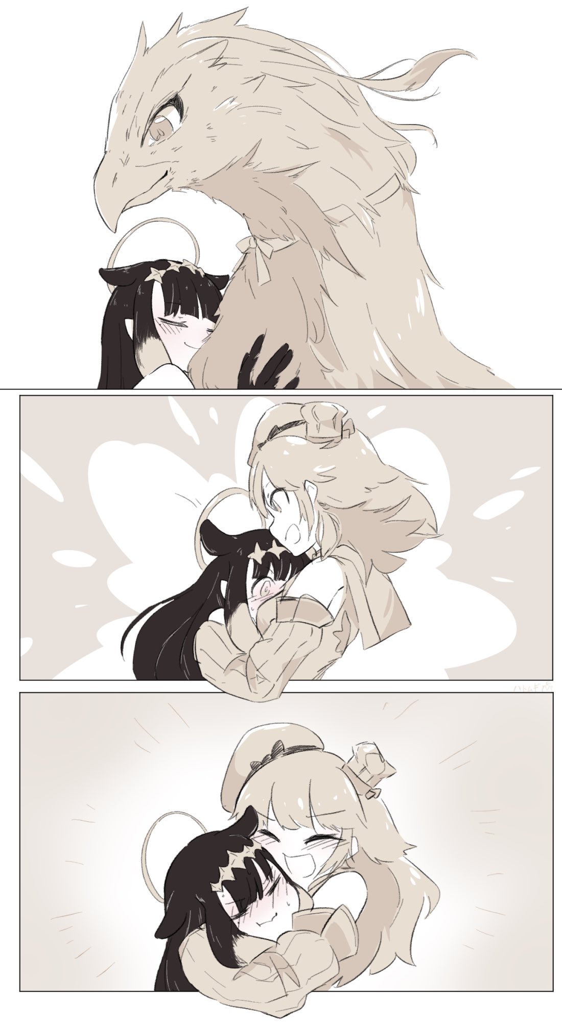 2girls, bangs, between_breasts, bird, blunt_bangs, blush, breasts, cheek_press