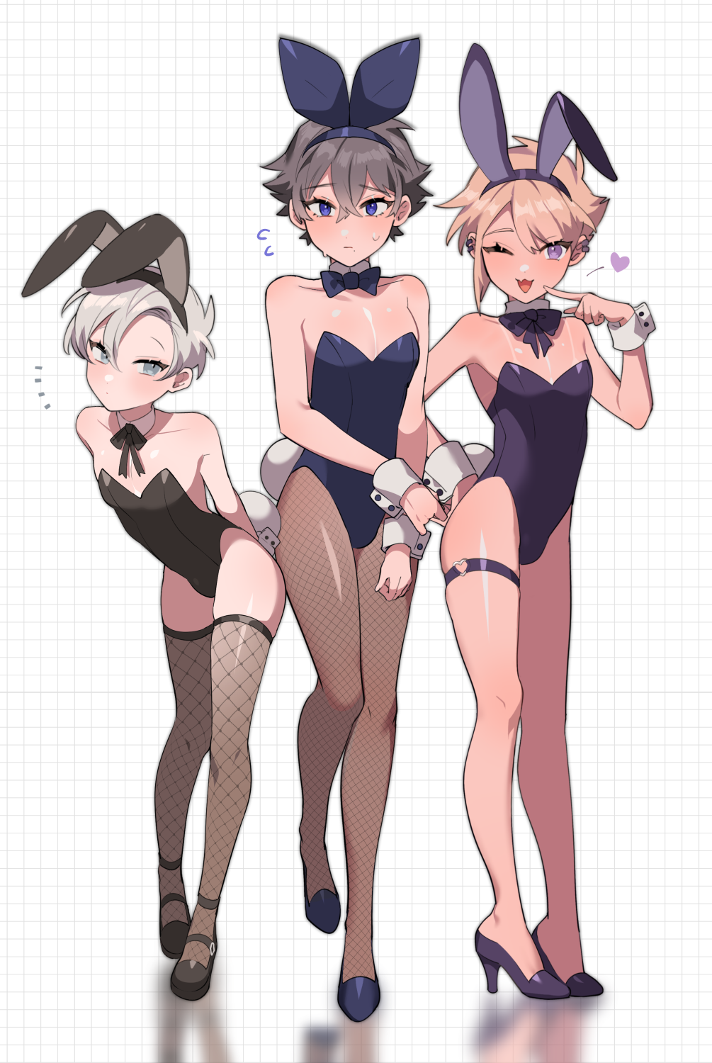 3boys, :3, ;3, animal_ears, black_legwear, blonde_hair, blue_eyes, bow, bowtie, brown_hair, bulge, crossdressing, detached_collar, earrings, fake_animal_ears, fake_tail, fishnet_legwear, fishnets, full_body, high_heels, highres, jewelry, leotard, male_focus, male_playboy_bunny, ming_(5unri5e666), multiple_boys, one_eye_closed, original, otoko_no_ko, pantyhose, playboy_bunny, ribbon, strapless, strapless_leotard, tail, thigh-highs, violet_eyes, wrist_cuffs