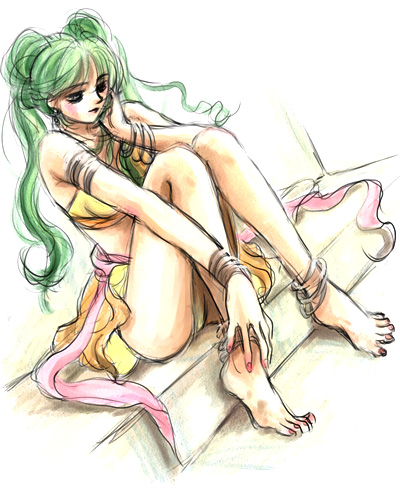 anklet, armpits, barefoot, bracelet, dancer, dirty_feet, feet, fire_emblem, green_eyes, green_hair, jewelry, long_hair, midriff, nail_polish, necklace, ribbon, short_hair, skirt, sylvia, toes