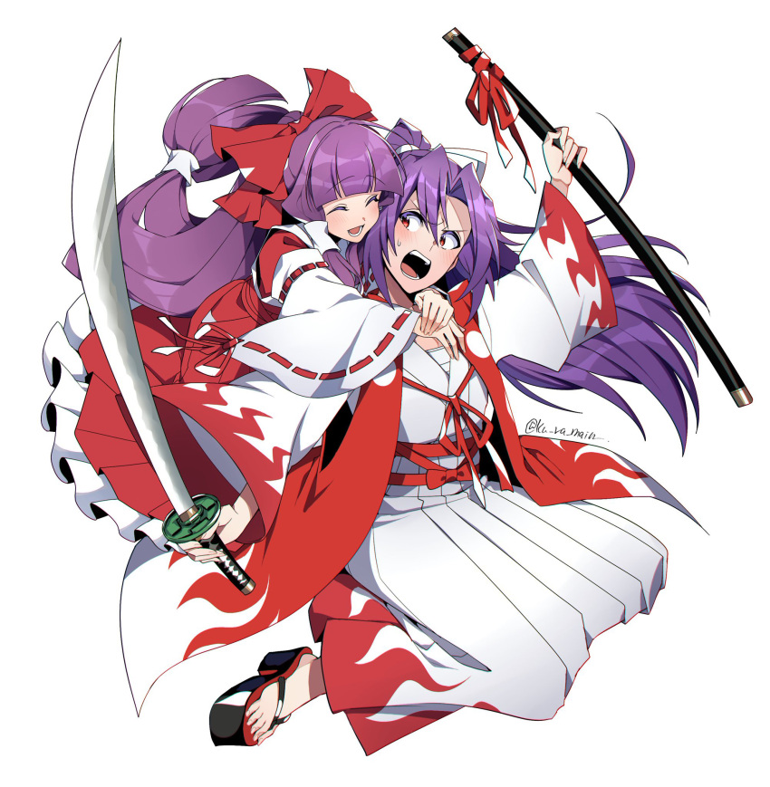 2girls, black_footwear, blush, bow, closed_eyes, eyebrows_visible_through_hair, full_body, geta