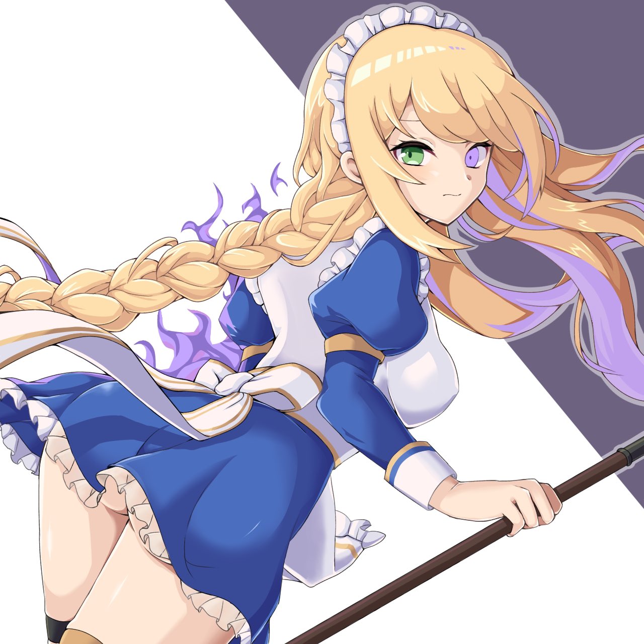 1girl, apron, bangs, blonde_hair, breasts, closed_mouth, dual-personality_maid_amy, expressionless, green_eyes, guardian_tales, highres, holding, holding_weapon, long_hair, looking_at_viewer, maid, maid_apron, medium_breasts, schnee_tan, simple_background, solo, violet_eyes, weapon