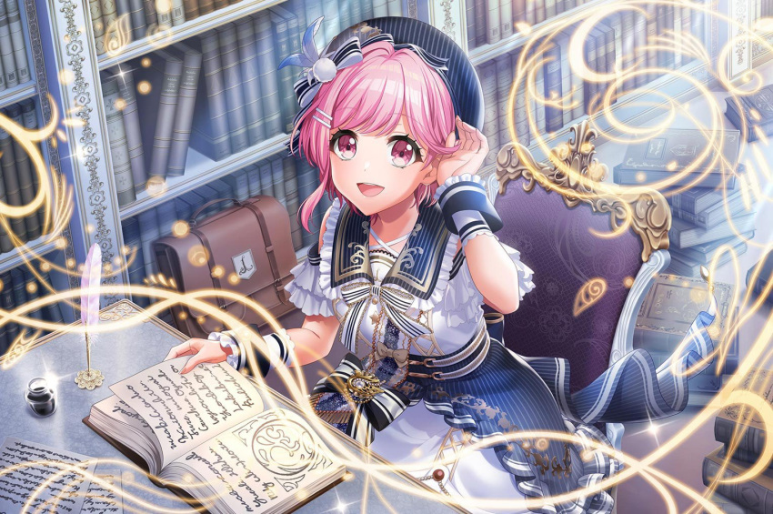 1girl, blush, book, bookshelf, d4dj, dress, feather_pen, pink_eyes