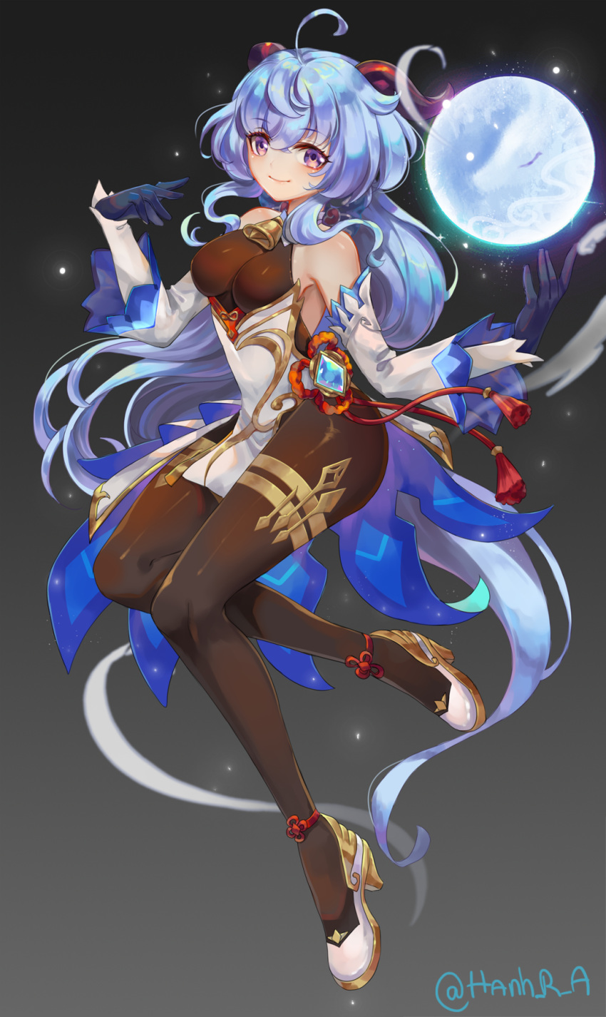 1girl, ahoge, artist_name, bangs, bare_shoulders, bell, black_gloves, black_legwear