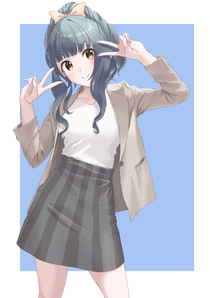 1girl, absurdres, alternate_costume, bangs, beige_jacket, blue_background, blunt_bangs, border, bow, collarbone, cowboy_shot, double_v, fujii_tomo, green_hair, hair_bow, head_tilt, highres, idolmaster, idolmaster_cinderella_girls, looking_at_viewer, outside_border, ponytail, ryus, simple_background, skirt, smile, solo, striped, striped_skirt, v, v-neck, white_border