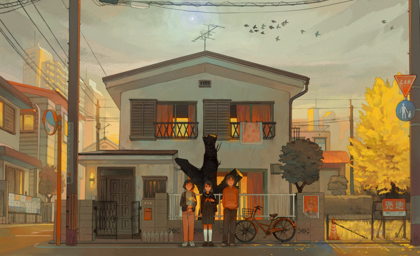 1boy, 2girls, autumn, bag, bird, black_bag, black_eyes, black_hair