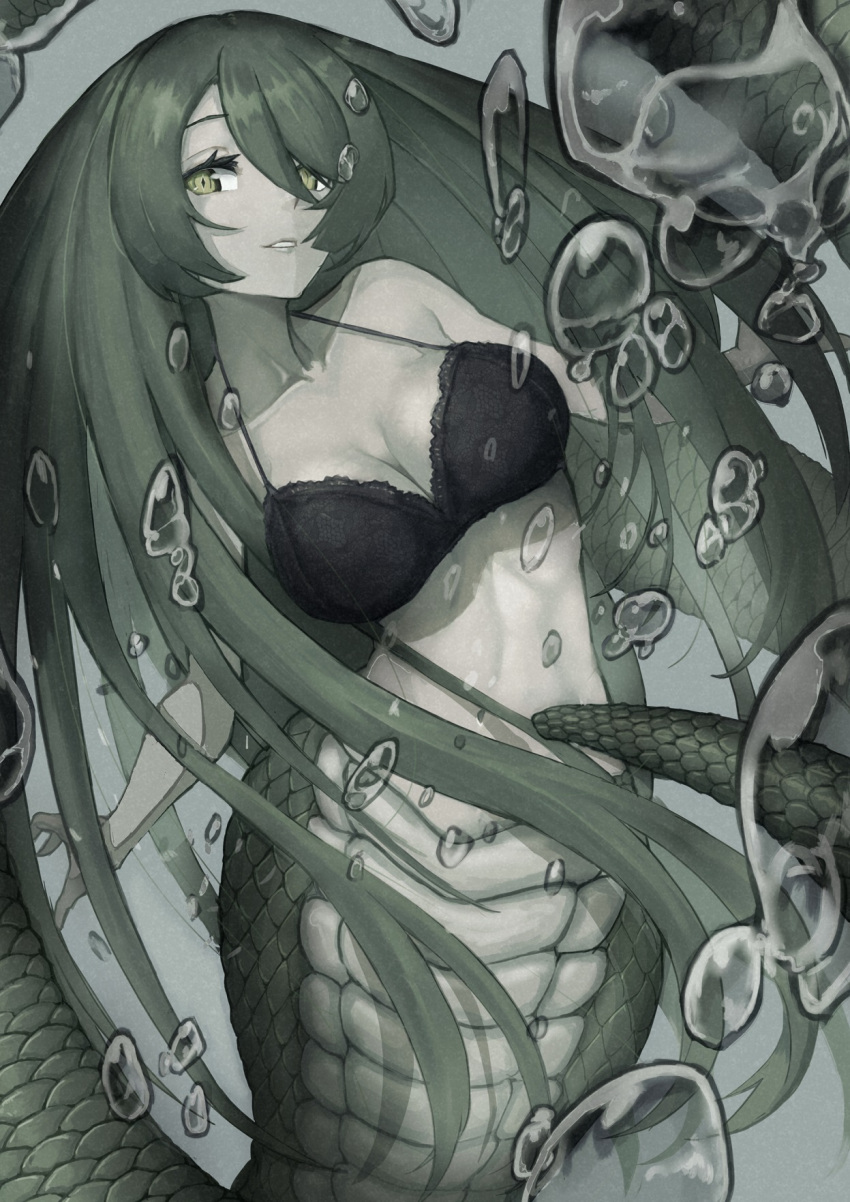 1girl, black_bra, bouhuman, bra, breasts, bubble, collarbone, commission
