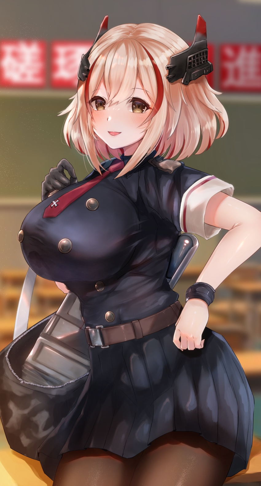 1girl, azur_lane, bag, belt, black_gloves, black_shirt, black_skirt, blurry