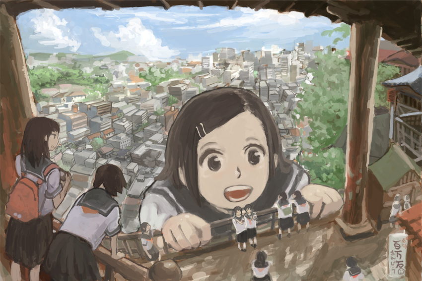 bookbag, brown_hair, city, giantess, long_hair, mo-mo-ride, open_mouth, original, school_uniform, serafuku, short_hair, smile