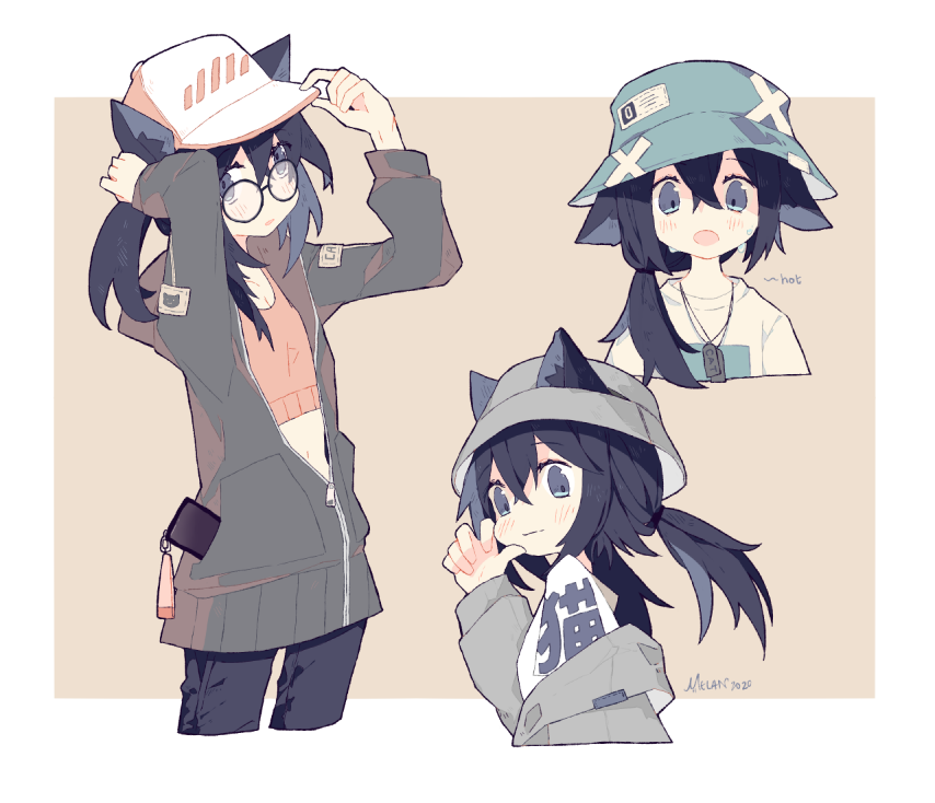 1girl, :o, adjusting_clothes, adjusting_headwear, animal_ear_fluff, animal_ears, arms_up, asymmetrical_hair